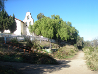 Mission San Juan Bautista and historic El Camino Real on the San Andreas Fault Scarp. 