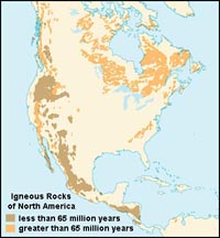 Map showing locations of igneous rocks exposed at the surface throughout North America