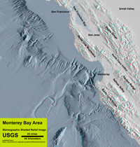 Shaded relief map showing bathmetry and topography of the Monterey Bay region. 