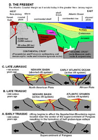 Breakup of Pangaea in Mesozoic to Cenozoic time and formation of the Newark and Atlantic Ocean basins. 