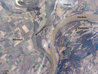 Satellite view of the confluence of the Mississippi and Ohio Rivers near Cairo, Illinois. 