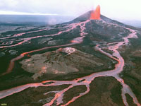 Pu'u'o'o volcano erupting on the flank of Kilauea Volcano in Hawaii Volcanoes National Park.  Volcano