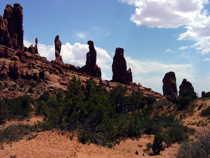 Rock pinnacles called the  Marching Men in the  Klondike Bluffs area.