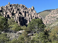 View from a forested of the narrows and pinnacles and cliffs of lower Bonita Canyon about 1/4 mile north of the campground.