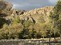 View of cliffs in evening light on the southeast side of Bonita Canyon near the campground.