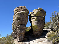 View of a pair of buttes along the trail the connects the Echo Canyon Trail to the Massai Point Loop Trail.