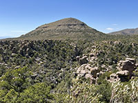 View of layered lava and ash bead that make up the top part of Sugarloaf Mountain.