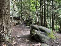 Boulders and balanced rocks below the cliffs along the Ledges Trail.