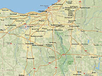 Regional map with Cuyahoga Valley National Park between Cleveland and Akron in northern Ohio.
