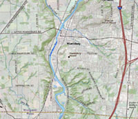 Map sowing the location of Miamisburg Mound along the banks of the Great Miami River.