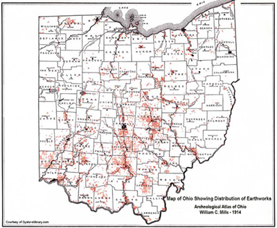 Map showing the location of indian mounds and earthworks in Ohio