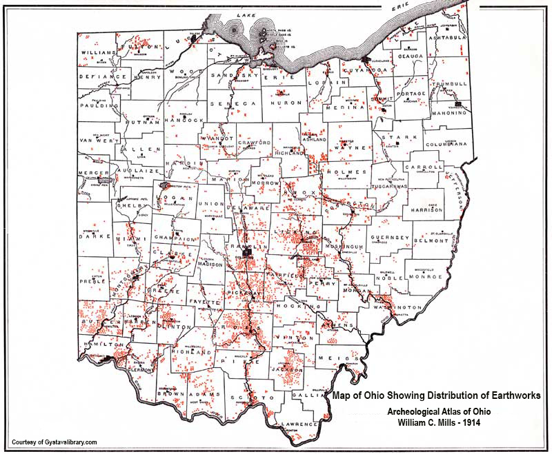Map showing the location of known ancestral indian mounds and earthworks in Ohio