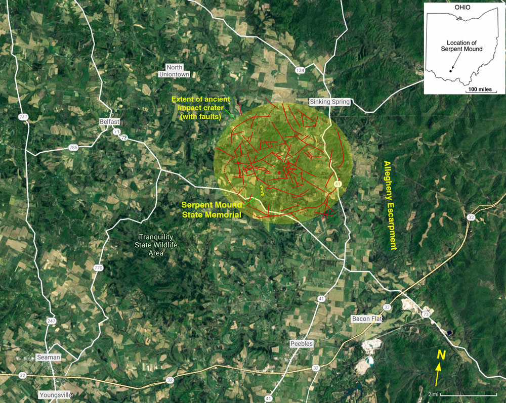 Satellite image map with outline of ancient cryptoexplosive structure (asteroid impact site) in the vicinity of Serpent Mound, Ohio