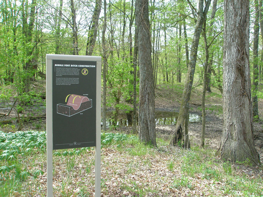 Sign describing the earthworks and dtiches in Fort Ancient Memorial Park