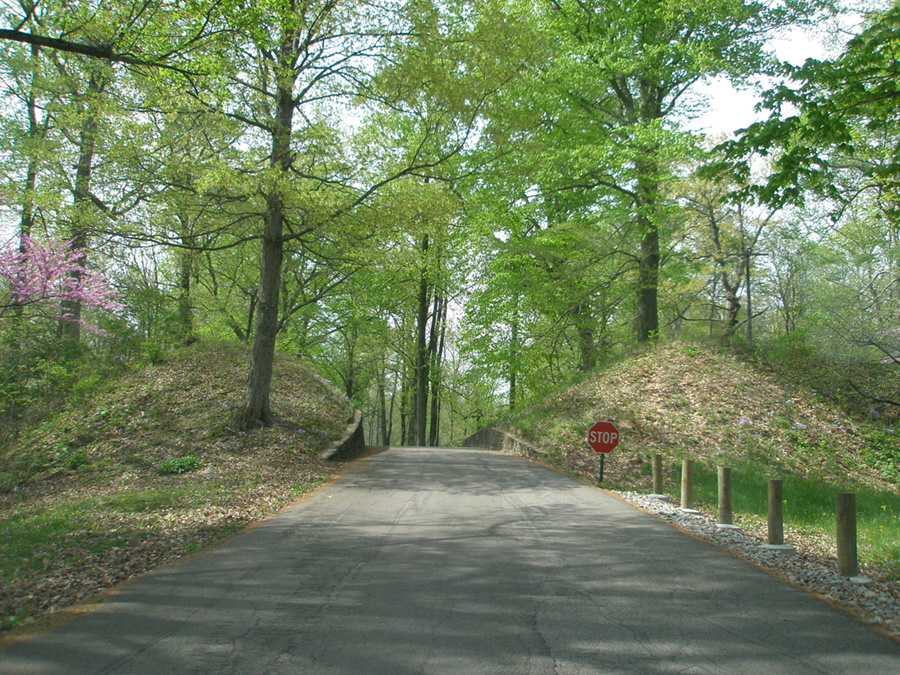 Gap in earthworks and road in Fort Ancient Memorial Park