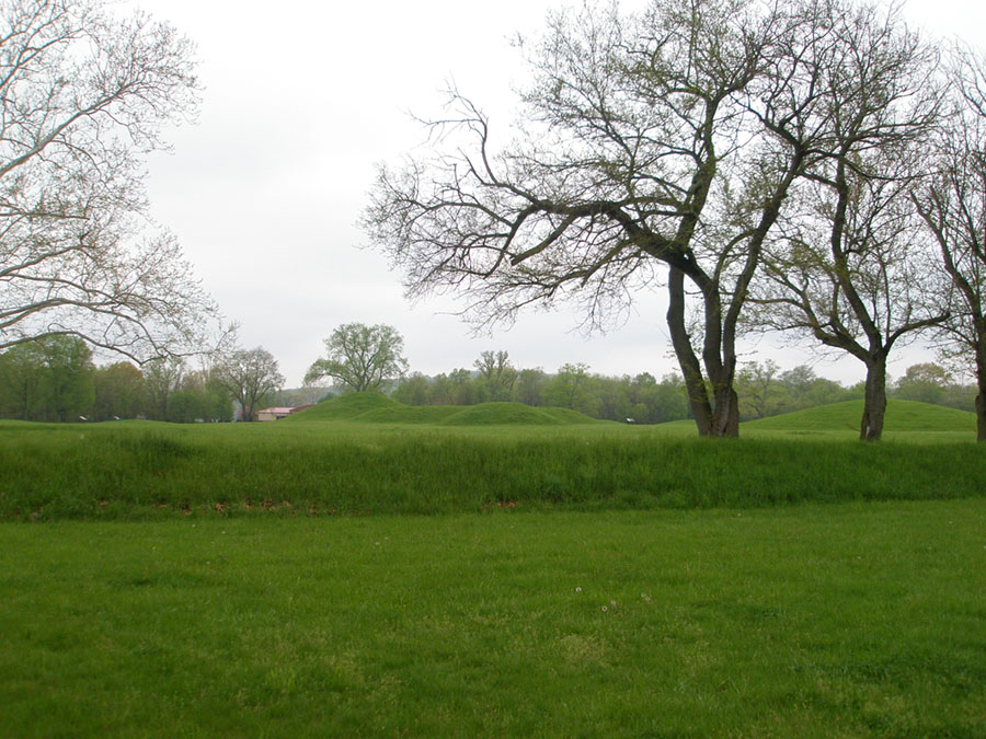 View of earthen border wall with grassy field with eight Indian mounds in the Mound City Group earthworks.