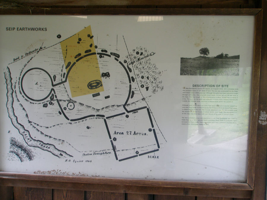 View of a historic map of the Seip Mounds earthwork on a display sign.