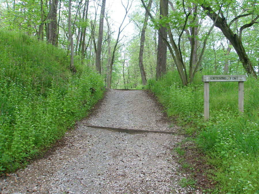 The Shawnee Lookout Trail entering the "fort" earthworks in the hilltop forest parklands.