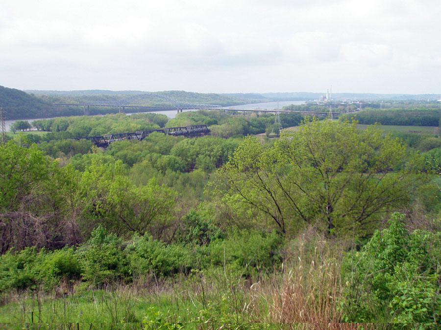 View of the forested Ohio River Valley, Ohio River, and hills of northern Kentucky