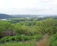 View of the forested Ohio River Valley, Ohio River, and hills of northern Kentucky