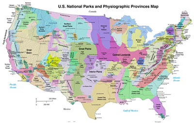 Map of the physiographic provinces of the United States (lower 48) showing the location of national parks, monuments, and other National Park Service sites.