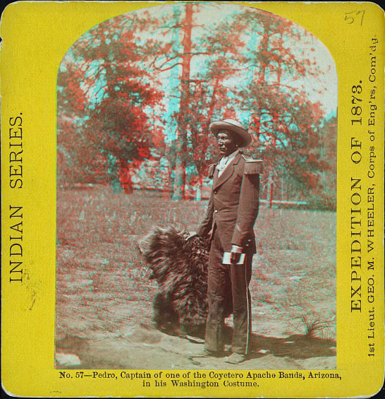 An indian wearing a military-dress style clothing with a partial pelt of an buffolo. A forest is in the background.