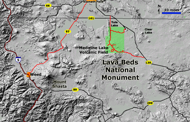 Map of the Lava Beds and Mount Shasta Region