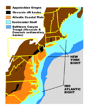 Map showing the New York Bight and the Mid Atlantic Bight, and eastern geologic provinces