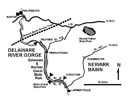 Map of Delaware River Gorge along New Jersey and Pennsylvania border