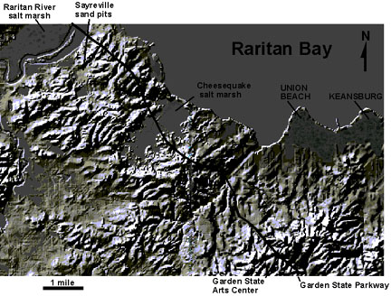 Shaded relief map of Raritan Bay shore area in Monmouth County, New Jersey