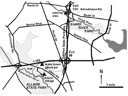 Map showing Shark River Park and Allaire State Park, New Jersey