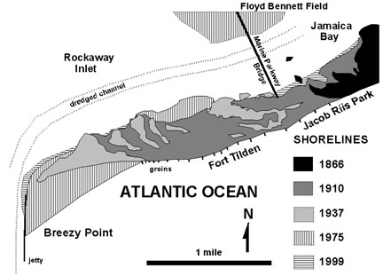 Map of shoreline changes, 1866 to present, on  Rockaway Point (Breezy Point), Queens, New York