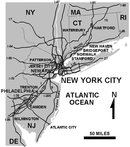 Interstate highways and major cities in the New York City region