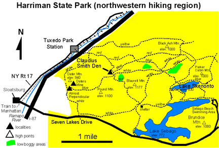 Harriman State Park map showing trails and geology sites