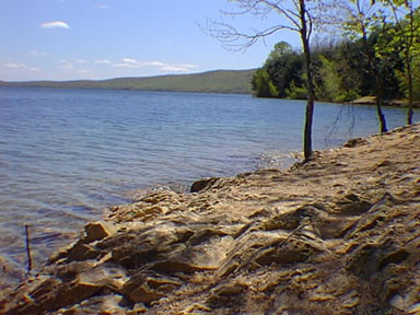 Precambrian granite outcrops along Round Valley Reservoir and view of Cushetunk Mountain, New Jersey