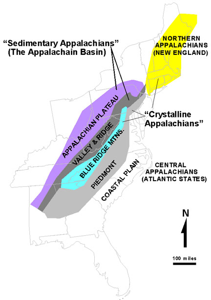 Map of the Appalachian Mountains region showing the extent of the sedimentary and crystalline rock belts
