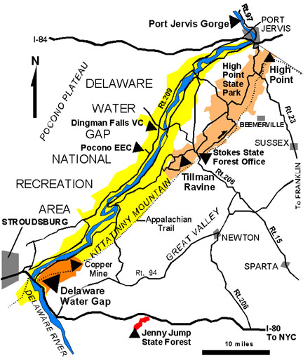 Map of localities along Kittatinny Mountain, New Jersey and Pennsylvania border region