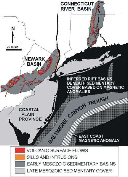 Location of Mesozoic basins in the New York City region