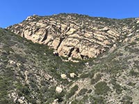 Massive outcrops of dipping Tertiary-age sandstone and conglomerate exposed in Malibu Canyon.