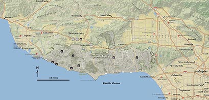 Map of the Santa Monica Mountains National Recreation Area west of Los Angeles, California