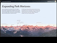 Picture of a park display sign that has a picture of the high Sierra crest with the mountain peaks labeled.