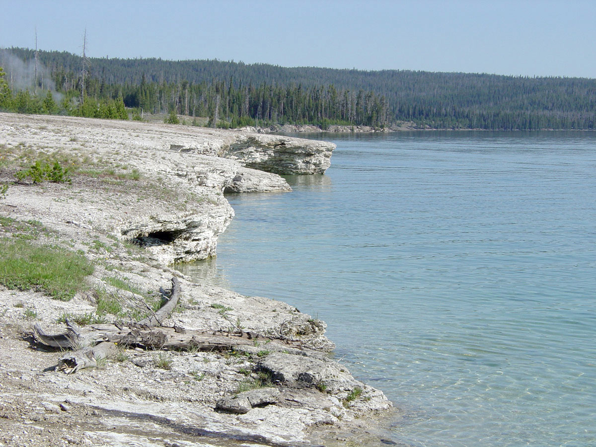 Sinter cliffs along the shore of Yellowstone Lake