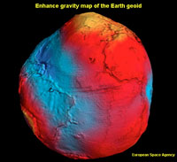 Gravity acceleration map of the globe showing highs in red and lows in blue