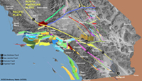 Map of low-angle (thrust) and high angle faults in Southern California.