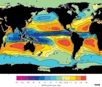 Map showing the difference betwen average evaporation an precipitation daily, world