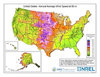 Map of the United States showing average annual wind speed at 80 meters above the ground.