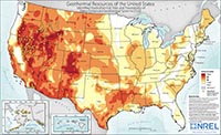 Map showing potential geothermal energy production regions in the United States.