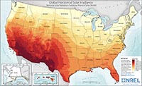 National Renewable Energy Lab map showing solar radiation energy potential for the United States.