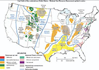 Map showing the location and the type of coal produced in different regions in the United States.